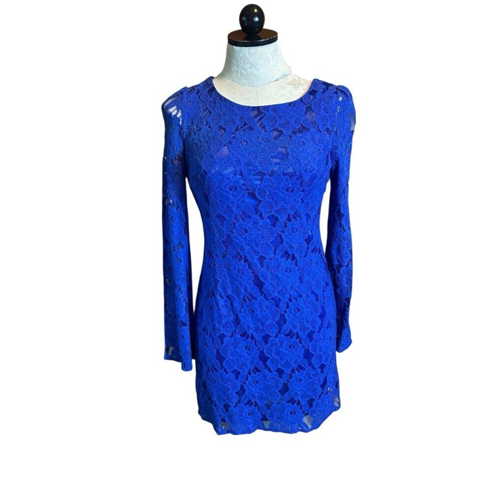 MM Couture by Miss Me Blue Lace Bell Sleeves‎ Scoop Open Tie Back Short Dress